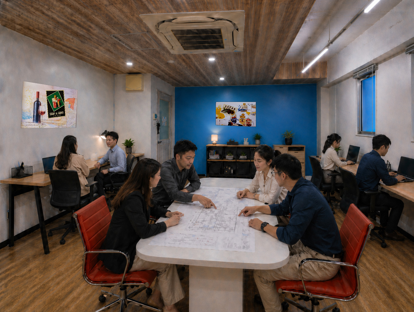 麹町の室内で資料を広げて話し合う人々の利用イメージ
